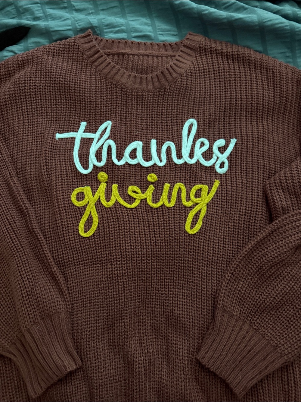 Source Unknown Brown Knit Crewneck Sweater with Aqua & Chartreuse Script